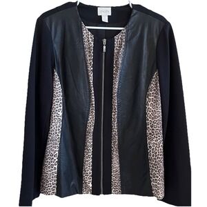 Chico's Women's Black Sz 2 (L)‎ Faux Leather Jacket Animal Print Full Zip
